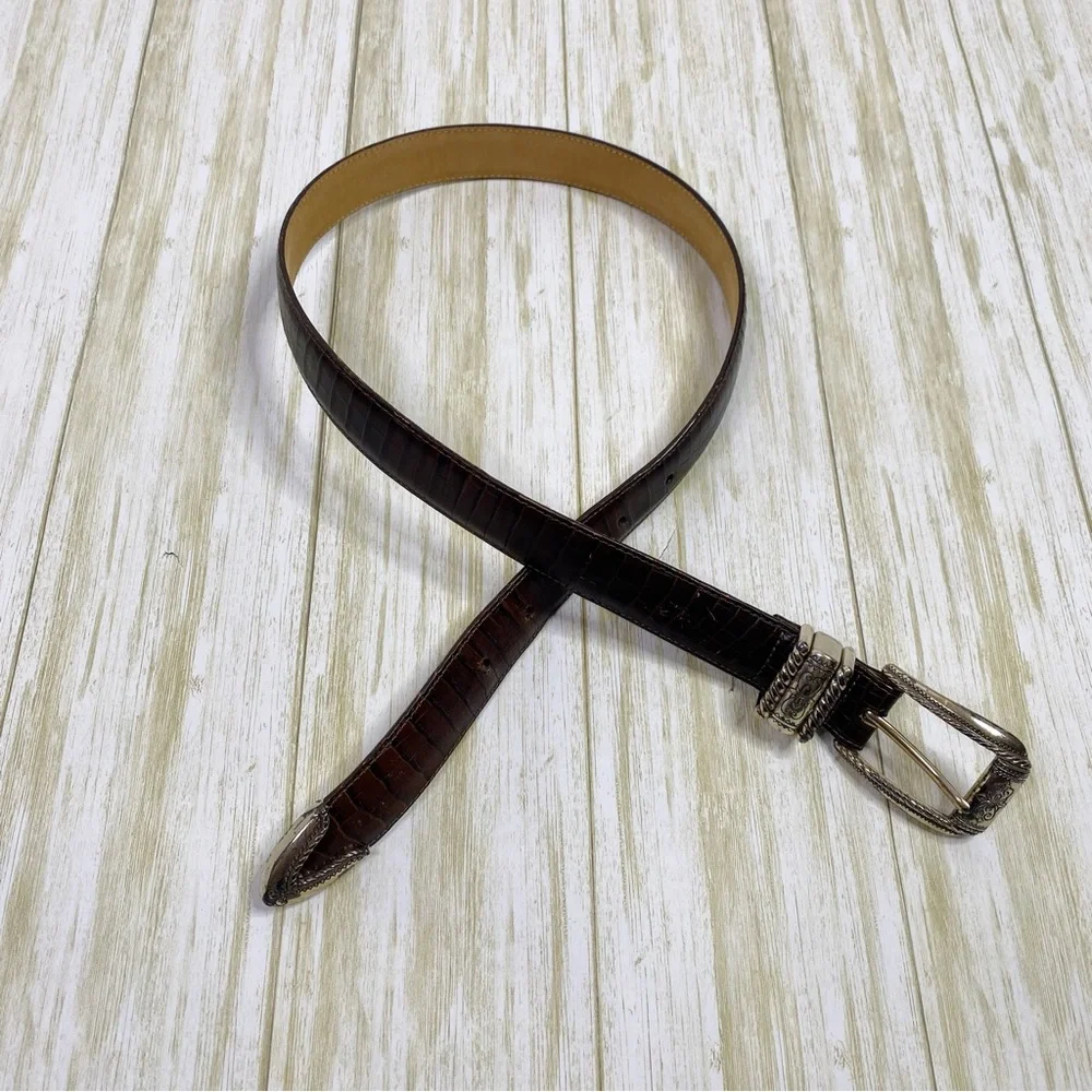 Brighton Brown Leather Silver Croc Embossed Belt